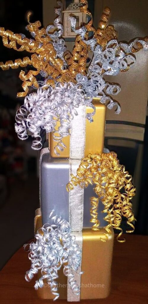 Dollar Tree Stackable Gifts in metallic colors of silver and gold