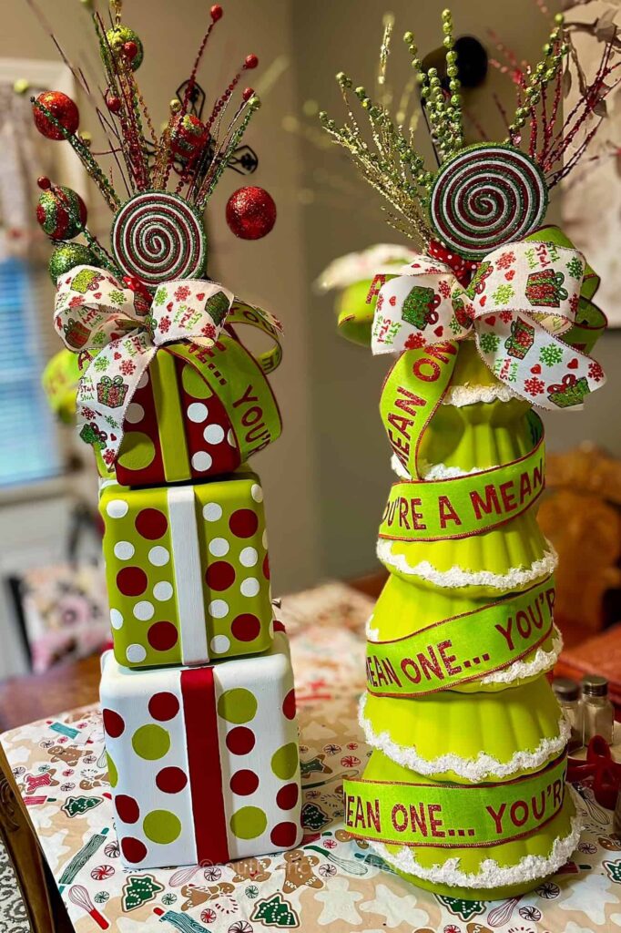 grinch themed dollar tree stackable tree and gifts