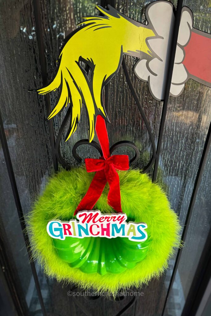 overhead view of grinch door decoration