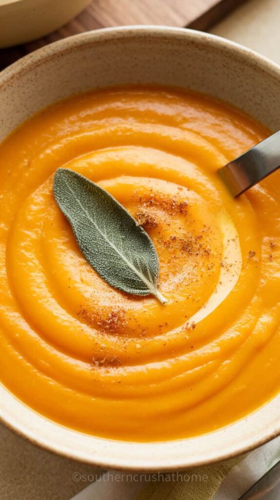 A bowl of creamy butternut squash soup garnished with a sage leaf.