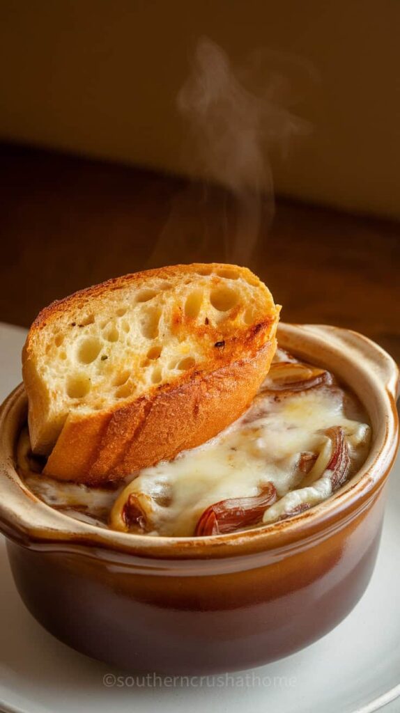 A steaming bowl of classic French onion soup topped with melted cheese and a toasted piece of bread.