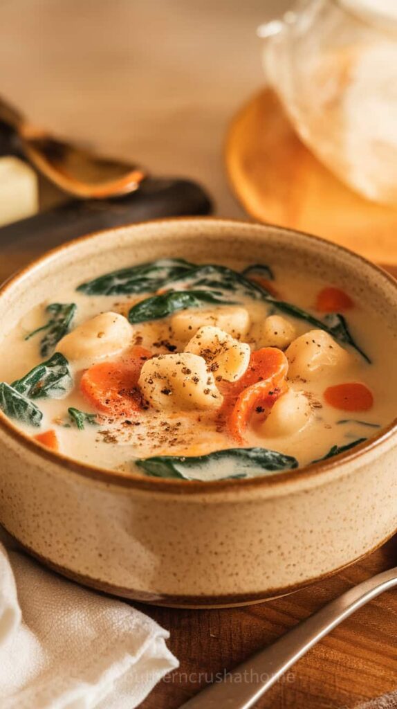 A bowl of creamy chicken gnocchi soup with spinach and carrots