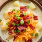 A bowl of creamy potato soup topped with bacon, cheese, and green onions, served with a bread roll.