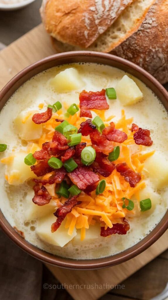 A bowl of creamy potato soup topped with bacon, cheese, and green onions, served with a bread roll.