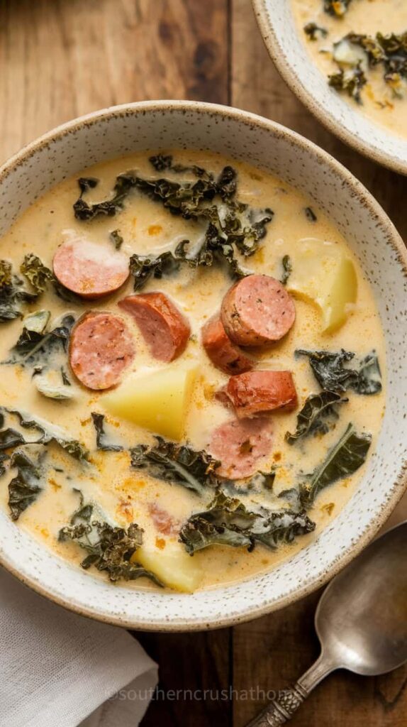 A bowl of creamy Zuppa Toscana soup with sausage, kale, and potatoes.