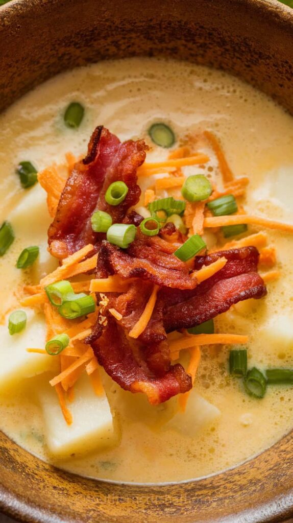 A bowl of loaded baked potato soup topped with crispy bacon, shredded carrots, and green onions.