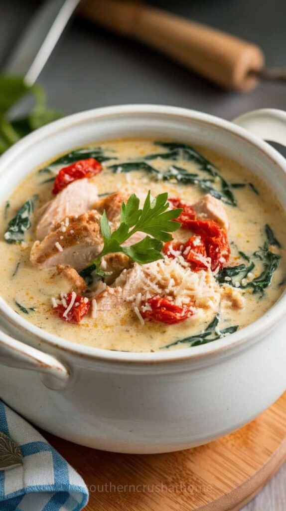 A bowl of Marry Me Chicken Soup featuring chicken, spinach, and sun-dried tomatoes.