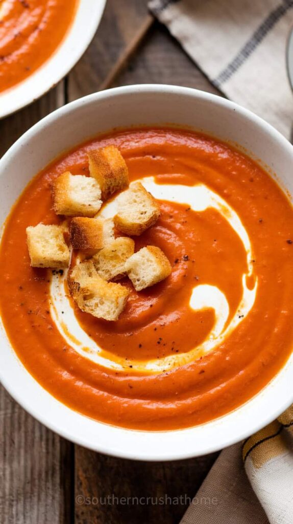 A bowl of roasted red pepper and tomato soup topped with croutons and a swirl of cream.