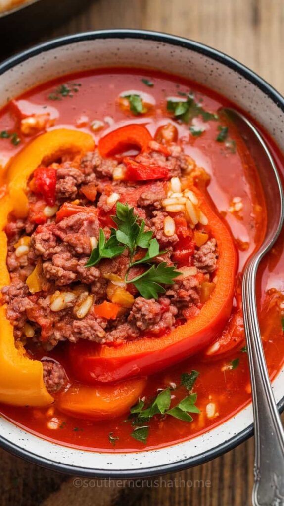 A bowl of stuffed pepper soup with ground beef and bell peppers