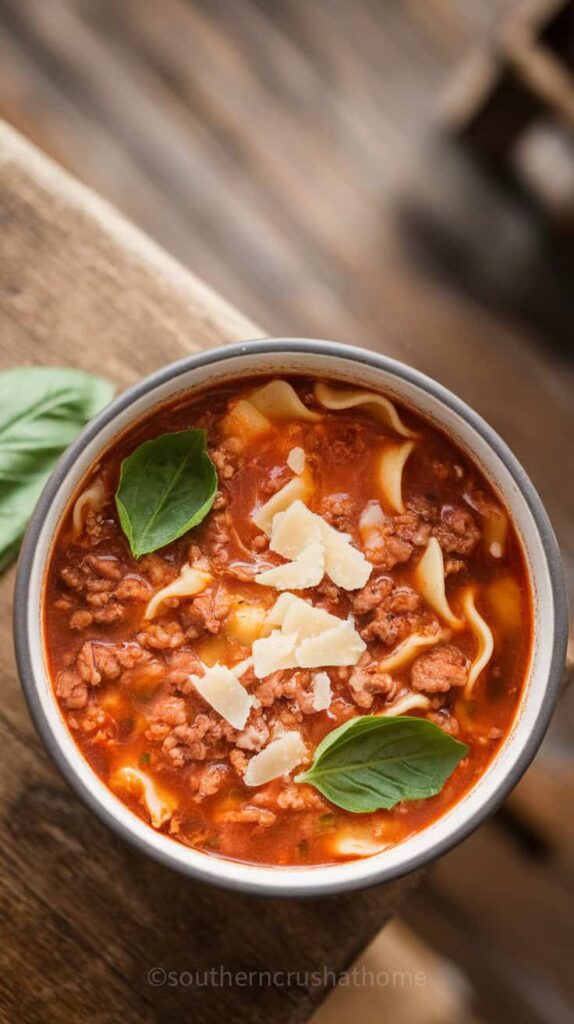 A steaming bowl of lasagna soup with cheese and a basil leaf on top