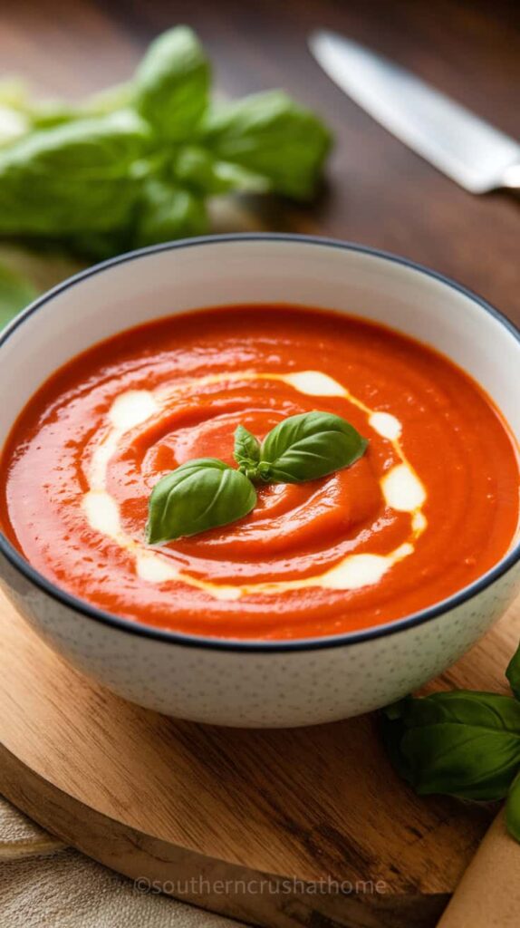 A bowl of tomato basil bisque garnished with cream and fresh basil