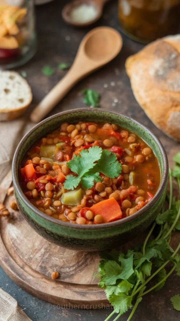 A bowl of vegetarian lentil soup with vegetables and herbs on a wooden surface