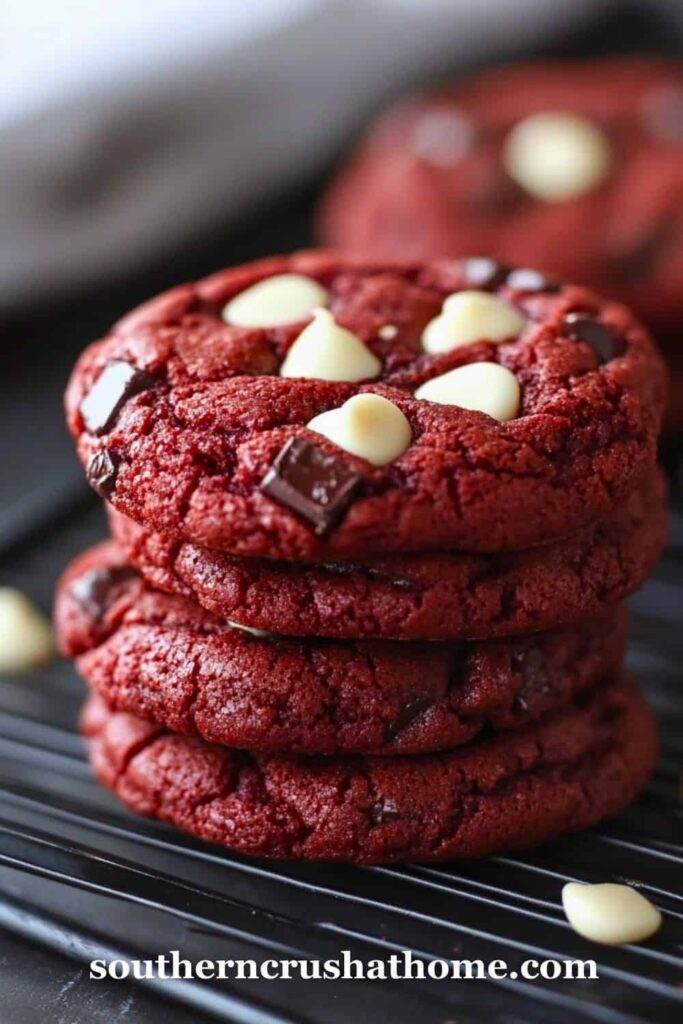 stack of Red Velvet Cookies Stuffed with Brownie Mix