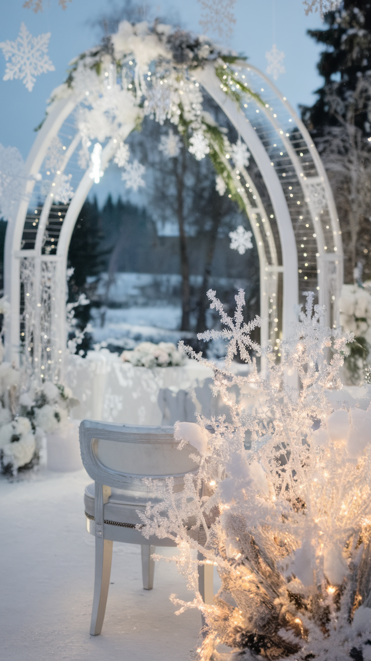 A beautiful wedding setup featuring a bride and groom with their wedding party, surrounded by white and silver decorations.