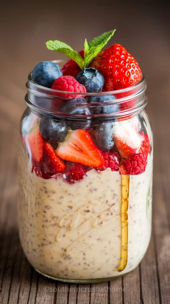 overnight oats with berries on top in a mason jar