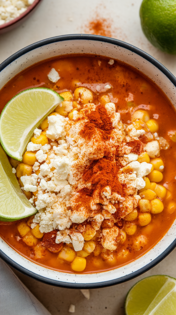 Bowl of Mexican street corn soup topped with cheese, paprika, and lime wedges