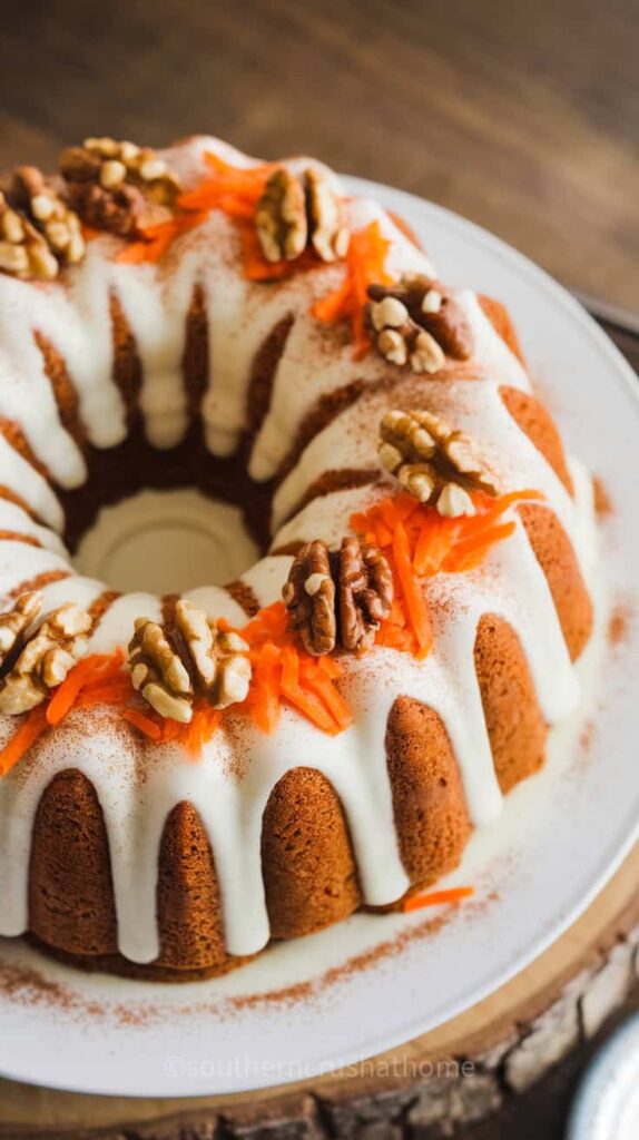 A delicious Carrot Bundt Cake topped with spiced cream cheese icing, walnuts, and grated carrots.