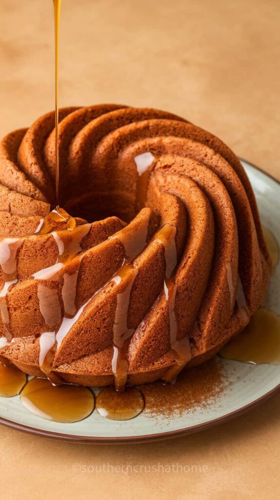 A close-up of a Cinnamon Swirl Bundt Cake with a maple drizzle on top.