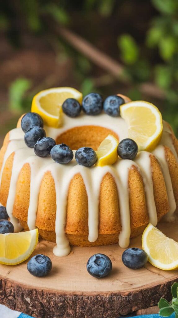 Lemon Blueberry Bundt Cake topped with blueberries and lemon slices, with cream cheese frosting drizzling down.