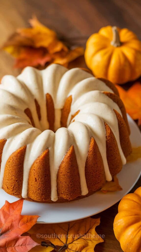 A beautifully decorated pumpkin spice bundt cake with cream cheese frosting, garnished with spices.