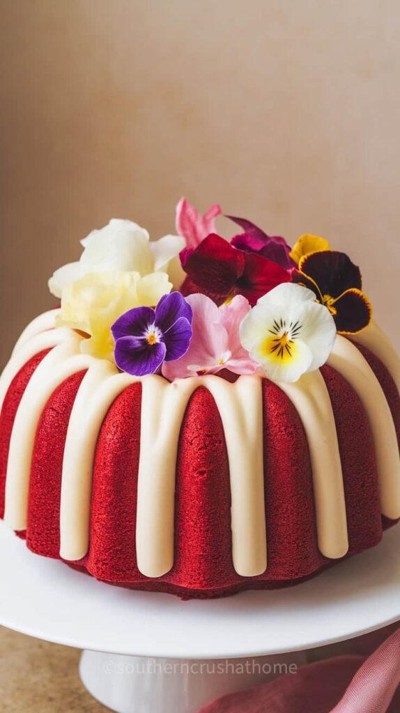 A beautifully decorated red velvet bundt cake topped with vanilla buttercream and edible flowers.