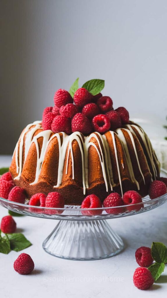 A beautifully decorated White Chocolate Raspberry Bundt Cake topped with fresh raspberries and white chocolate drizzle.