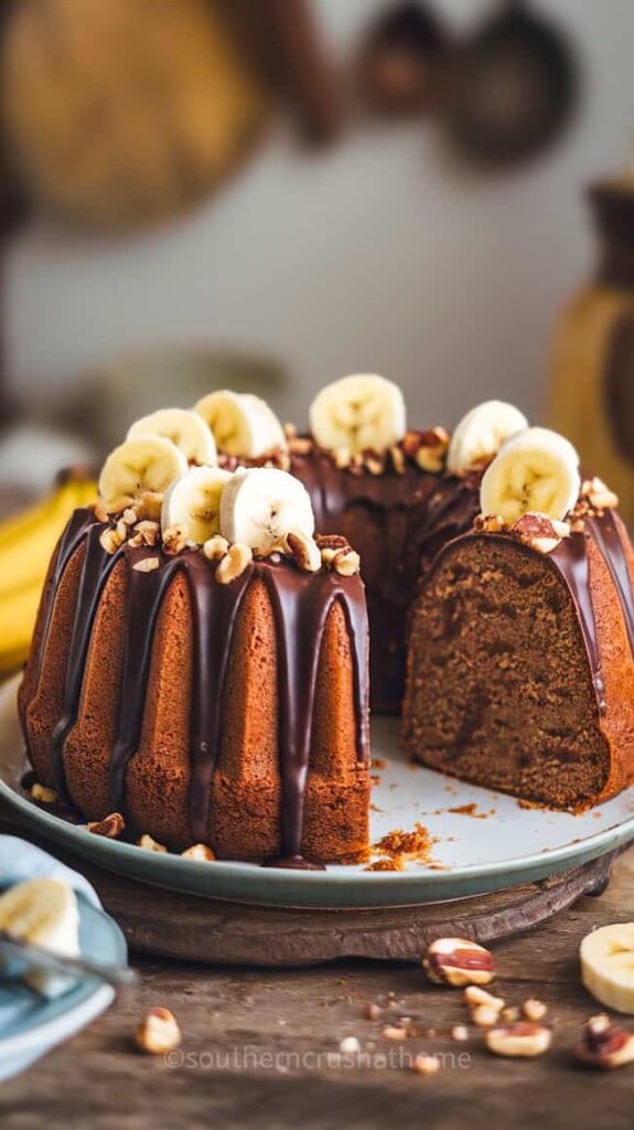 A beautifully presented Banana Nut Bundt Cake topped with banana slices and chocolate drizzle.