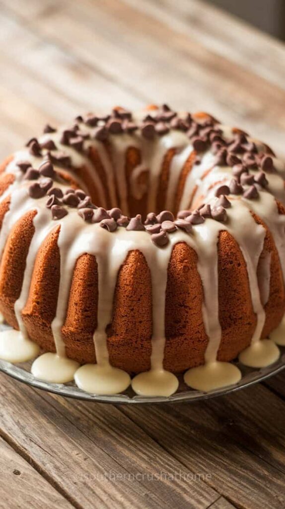 A delicious chocolate chip Bundt cake with a creamy vanilla glaze.