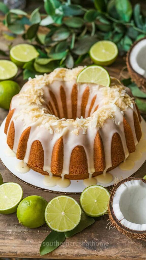 A beautifully decorated Coconut Lime Bundt Cake with shredded coconut and lime slices.