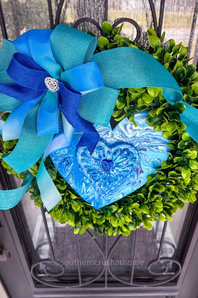 overhead view of Heart Wreath with Pour Painting