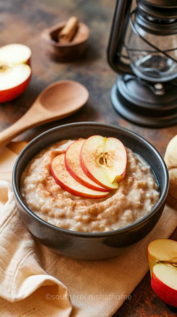 A bowl of apple cinnamon oatmeal topped with apple slices and cinnamon.