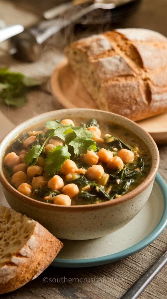 A bowl of chickpea and spinach stew with a slice of bread on the side.