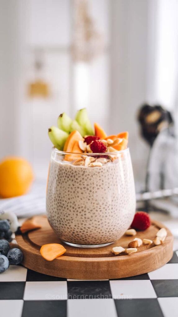 A glass of coconut chia seed pudding topped with fruits