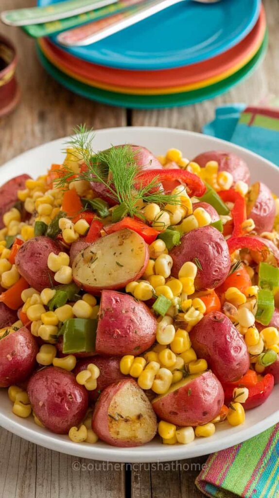 roasted potato salad with corn and peppers