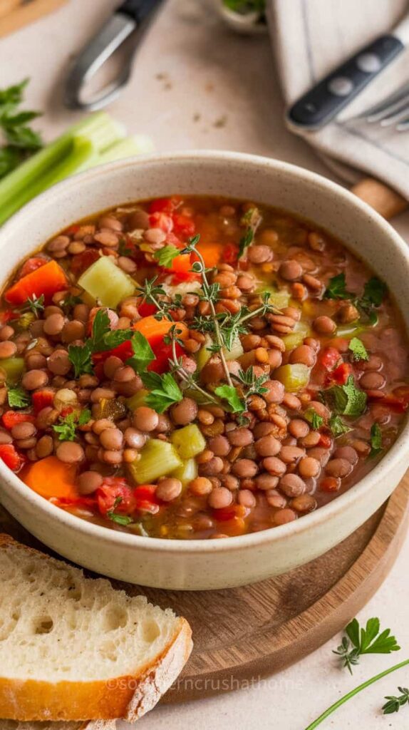 A bowl of lentil and vegetable soup garnished with herbs, served with a slice of bread.