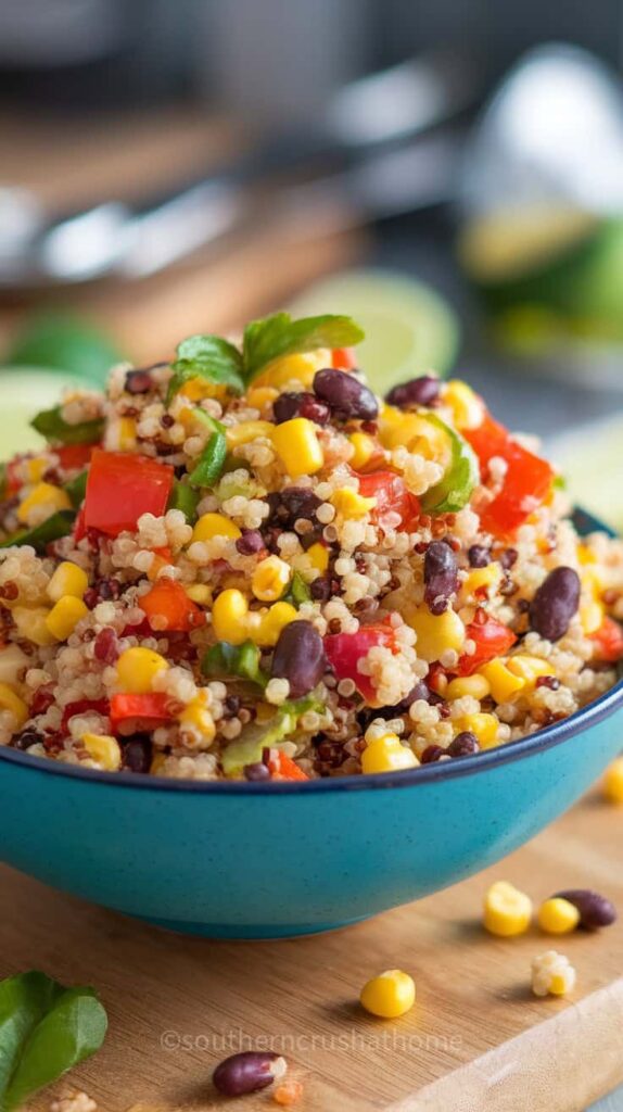 A colorful bowl of quinoa and black bean salad with corn and peppers.