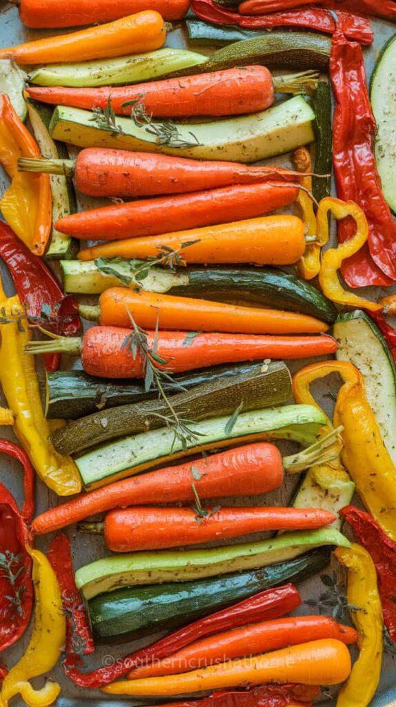 A colorful array of roasted vegetables including carrots, zucchini, and bell peppers.