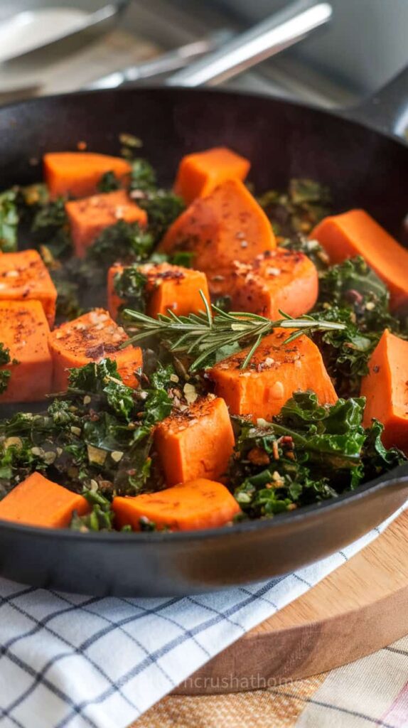 A skillet filled with sweet potato and kale hash, vibrant orange cubes of sweet potato mixed with dark green kale.