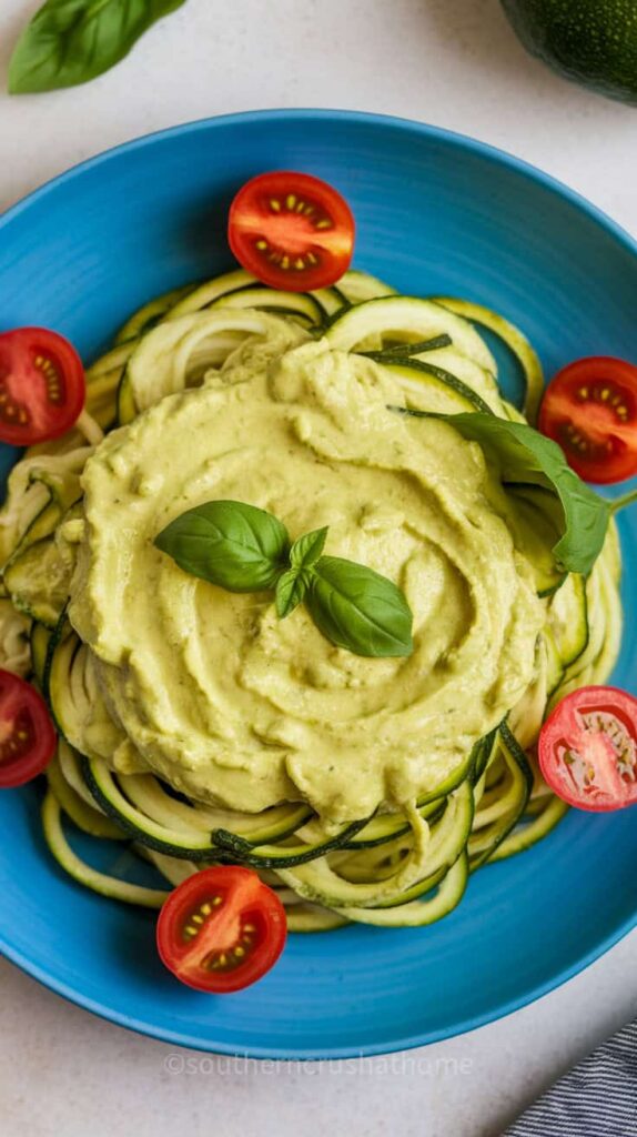 Zucchini noodles topped with creamy avocado sauce and garnished with cherry tomatoes.