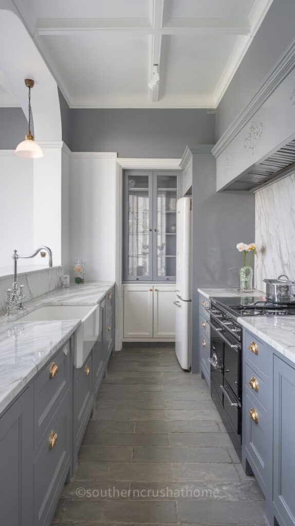 A modern kitchen showcasing a chic grey and white color scheme with marble accents and brass fixtures.