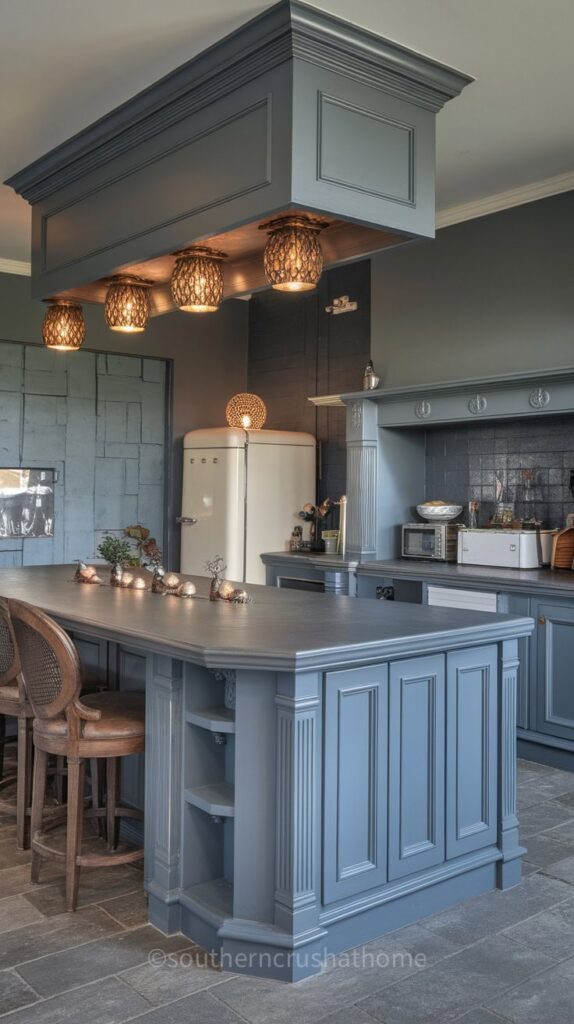 A stylish grey kitchen featuring a central island with pendant lighting and wooden accents.