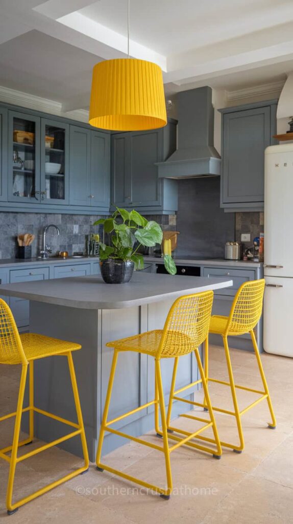 A modern kitchen featuring grey cabinetry with bright yellow accents, including bar stools and decorative pieces.