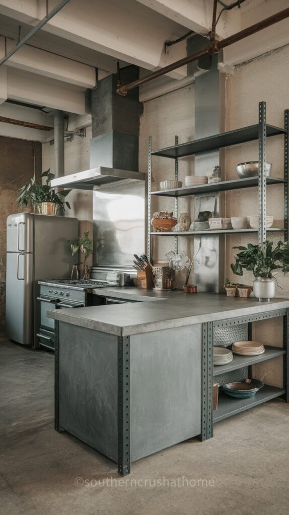 Stylish industrial kitchen with grey design elements, featuring stainless steel counters and exposed pipes.