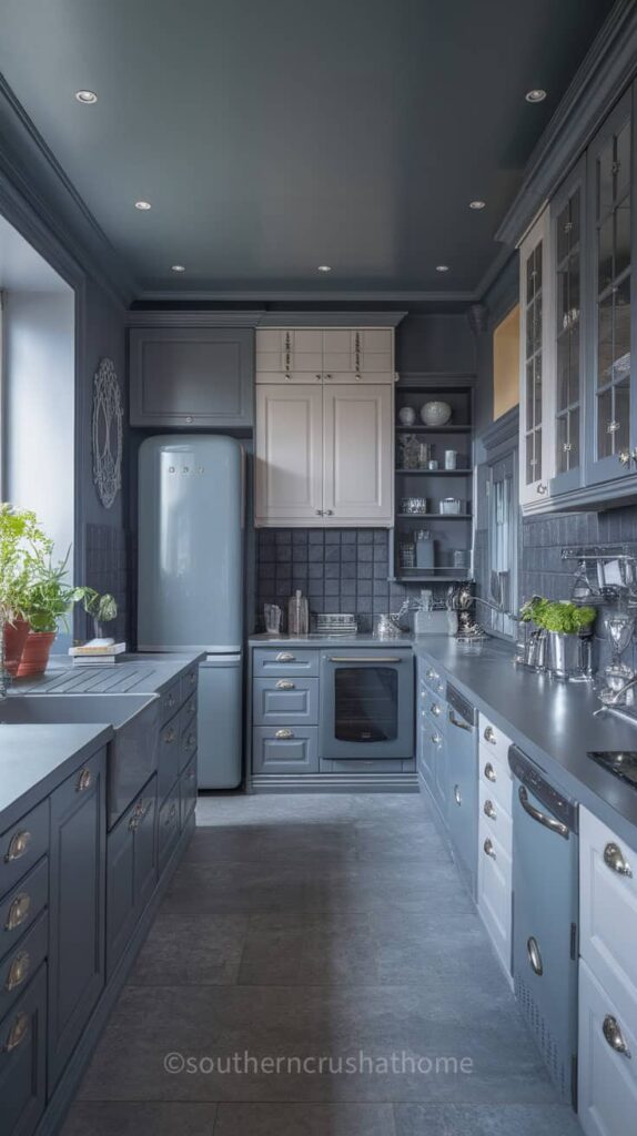 A modern kitchen with a monochromatic grey theme featuring various shades of grey cabinetry, a blue retro fridge, and plants for added warmth.