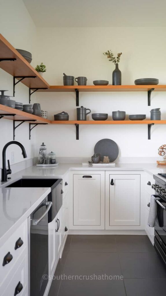 A modern kitchen featuring open shelving with grey dishware, warm wooden shelves, and a sleek countertop.