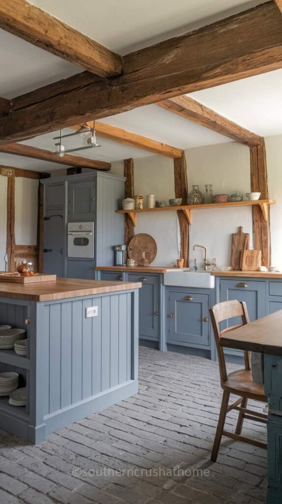 A rustic kitchen with grey cabinets, wooden shelves, and a warm, inviting atmosphere.