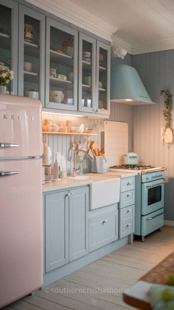 A kitchen featuring soft pastel grey hues with a pink fridge and blue oven.