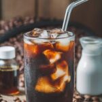 A glass of cold brew coffee with ice cubes, condensation, and coffee beans on a wooden table.