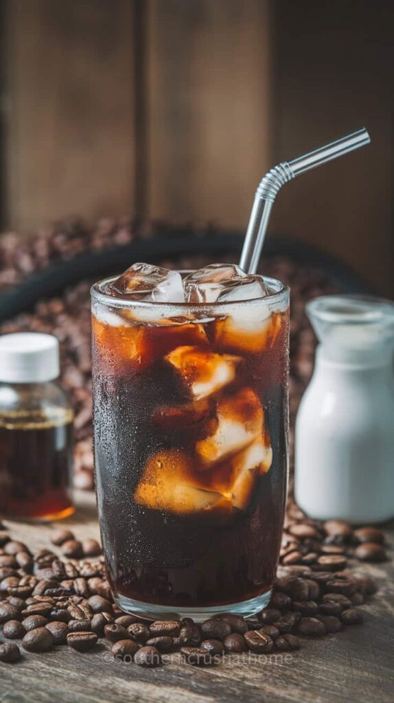 A glass of cold brew coffee with ice cubes, condensation, and coffee beans on a wooden table.