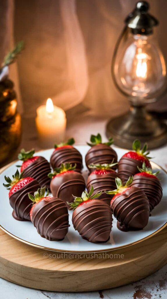 Plate of chocolate-covered strawberries with chocolate drizzle